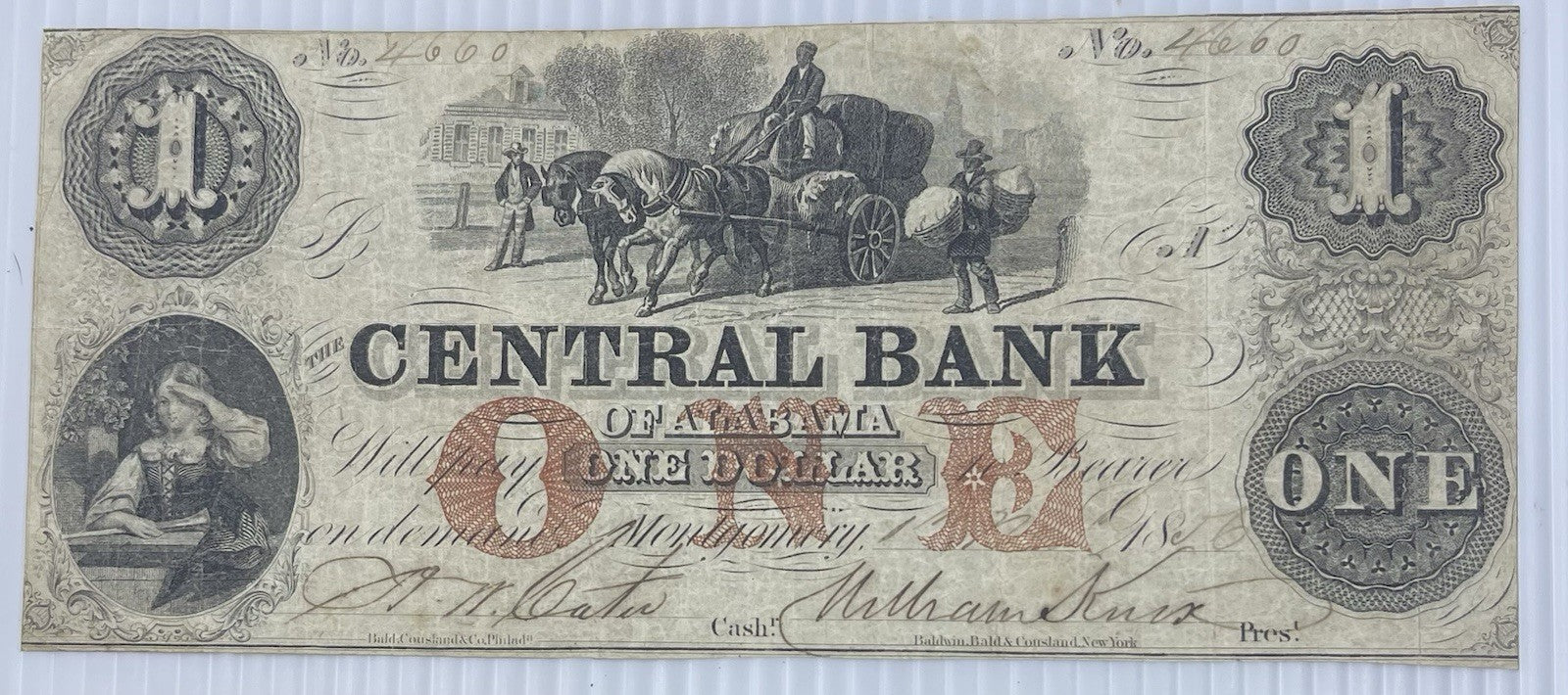 1856 $1 Central Bank of Alabama Obsolete Banknote Horse Wagon Scene