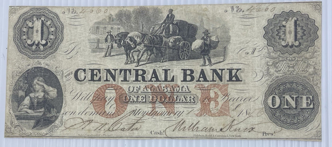 1856 $1 Central Bank of Alabama Obsolete Banknote Horse Wagon Scene