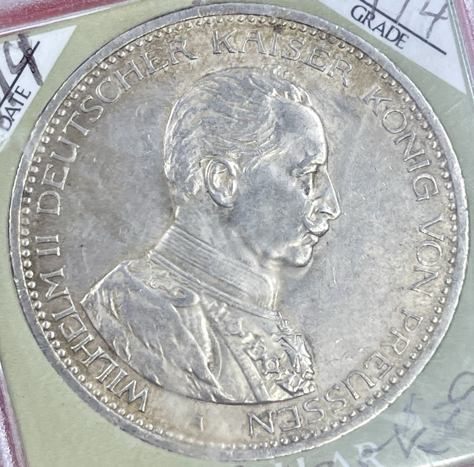 1914-A German Prussia Funf 5 Mark 0.900 Silver Coin Excellent Condition