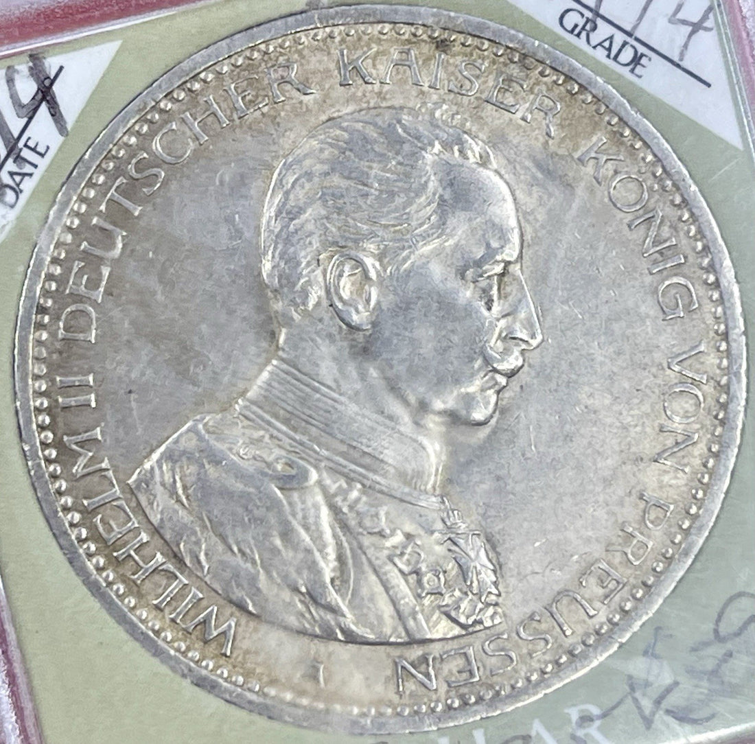 1914-A German Prussia Funf 5 Mark 0.900 Silver Coin Excellent Condition
