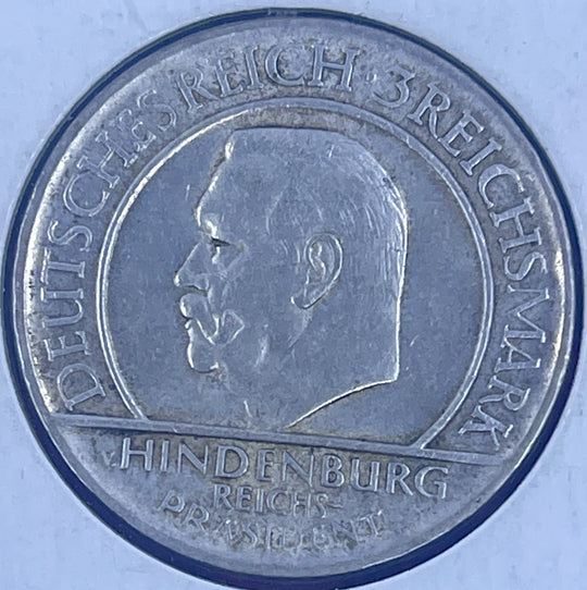 Weimar Republic, 3 Reichsmark, 1929 d constitution, swearing hand Hindenburg, D