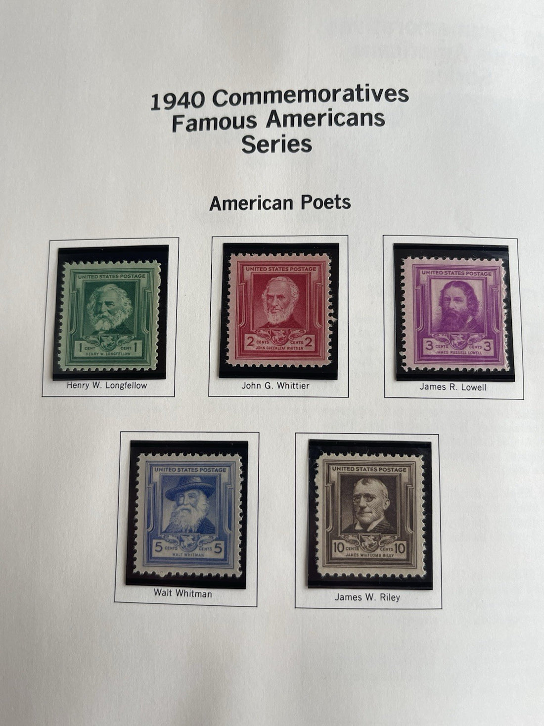 United States White Ace Album Page Famous American Series 1940 Poets Stamps