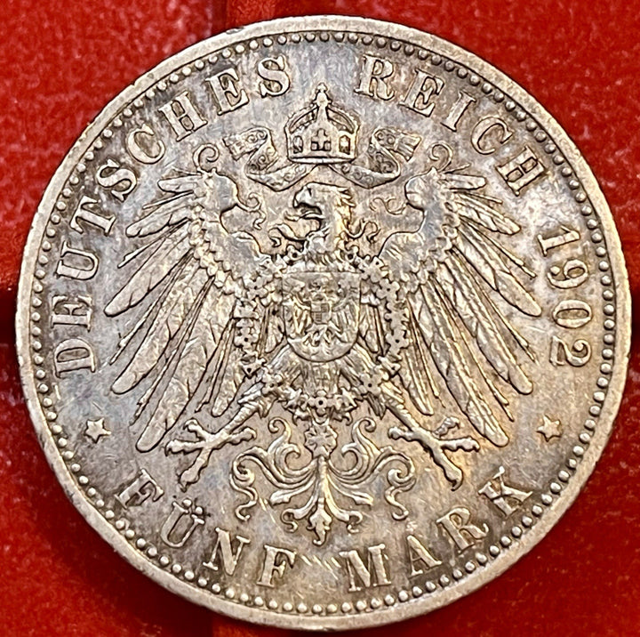 1902D German States Bavaria 5 Mark Otto 27.77g .900 Silver 25g ASW