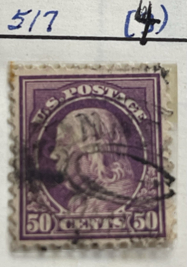 Used USA stamp 1917 Franklin Scott 517 red violet 50 cents vintage collectible