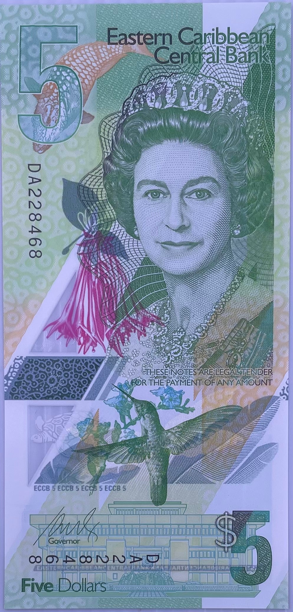 East Caribbean States 5 Dollars 2021 polymer banknote featuring Queen Elizabeth II and Sir Arthur Lewis Community College in uncirculated condition