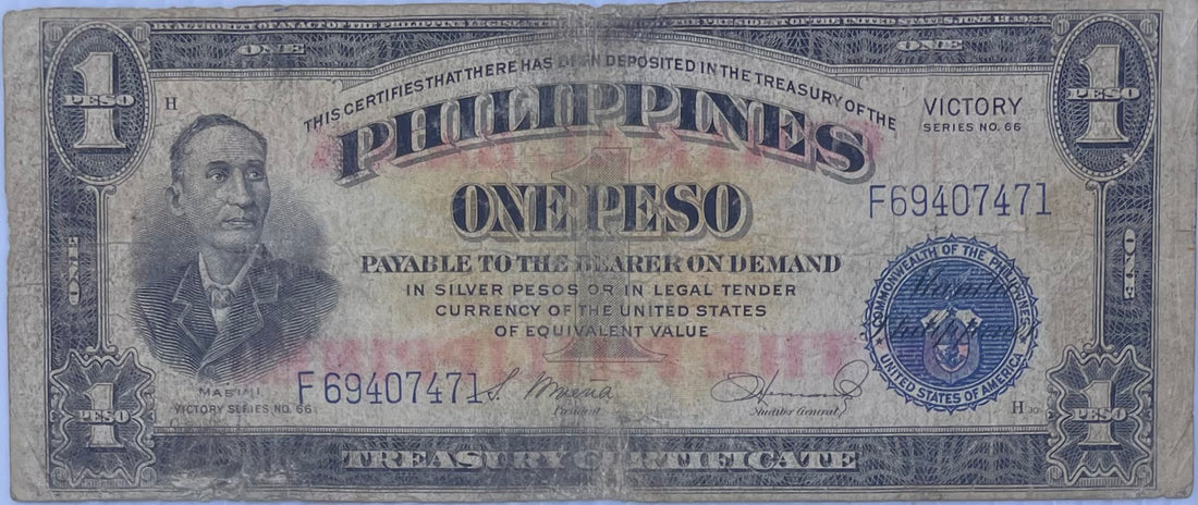 1944 Philippines 1 Peso Victory Note Overprint Used World Banknote