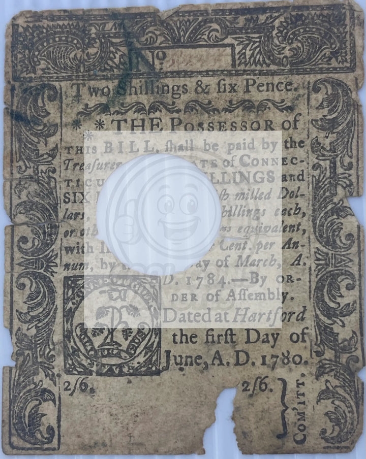 1780 Connecticut Two Shillings & Six Pence Canceled Tear Banknote - Cool Coins & Notes