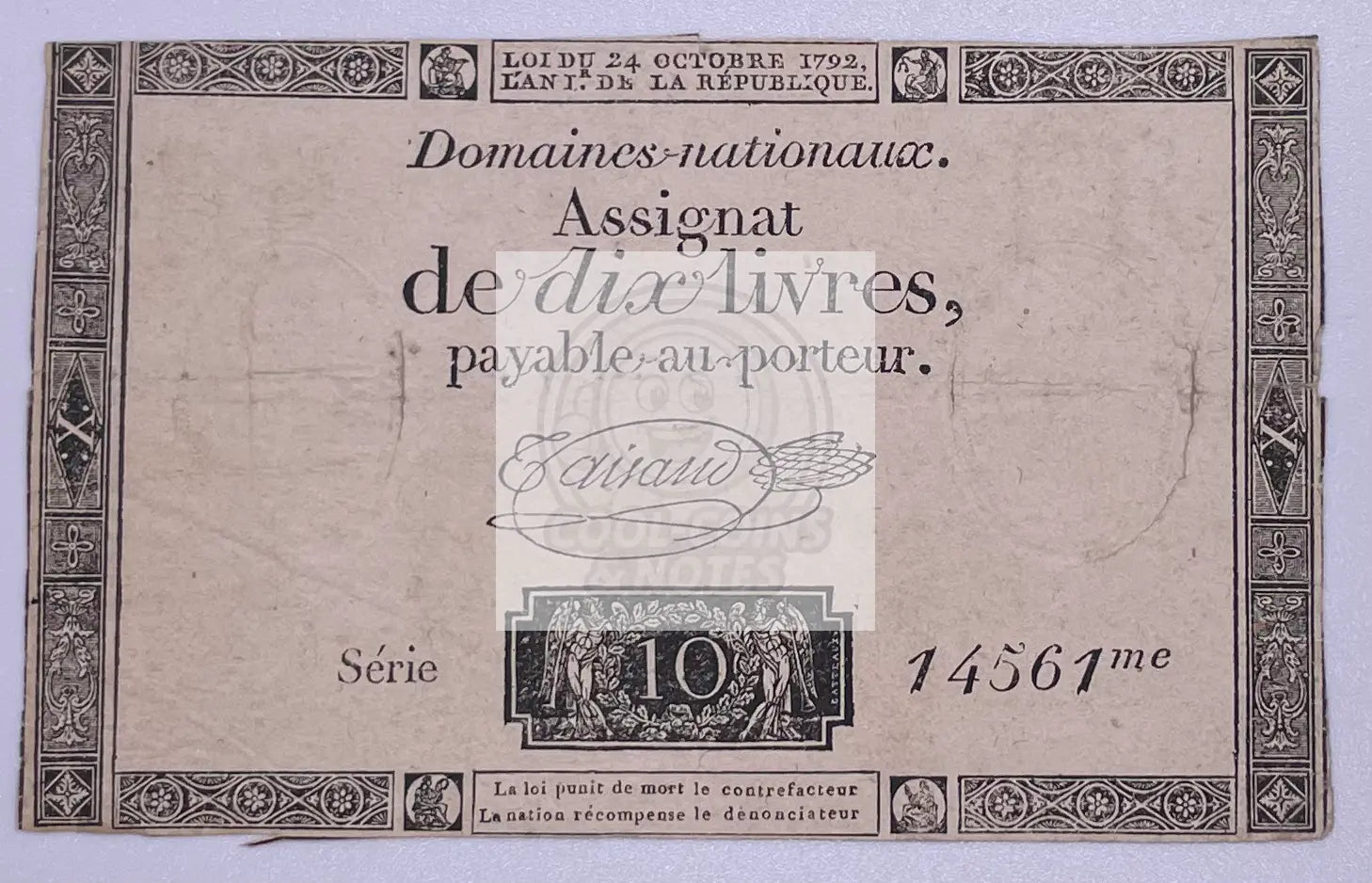 1792 French Revolution 10 Livres banknote Series 14561