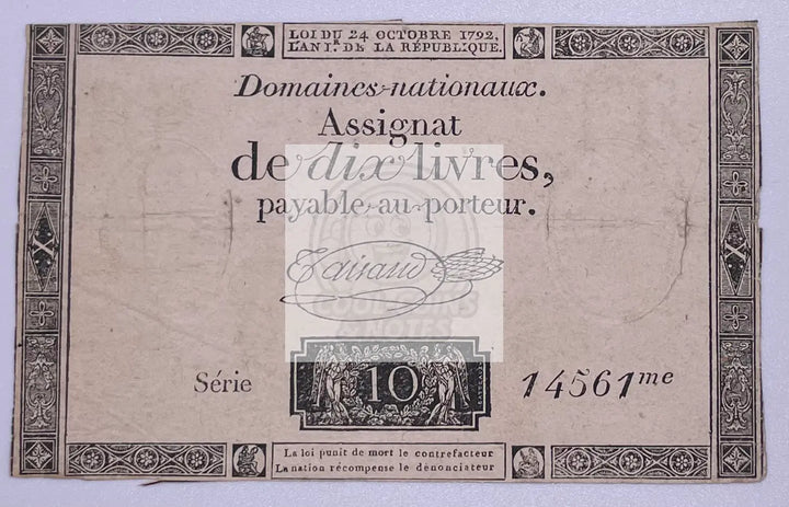 1792 French Revolution 10 Livres Series 14561 Banknote - Cool Coins & Notes