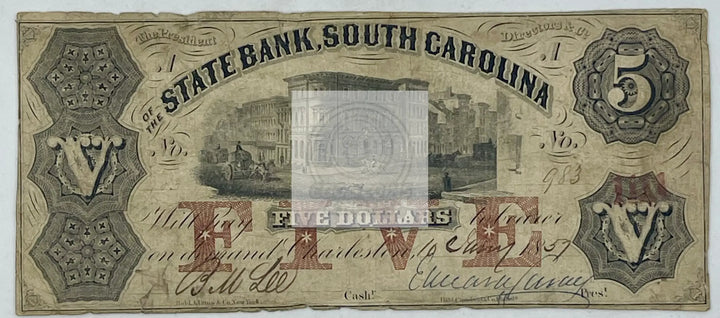 1857 5 Dollars State Bank of South Carolina CR# S-508, Used World banknote - Cool Coins & Notes