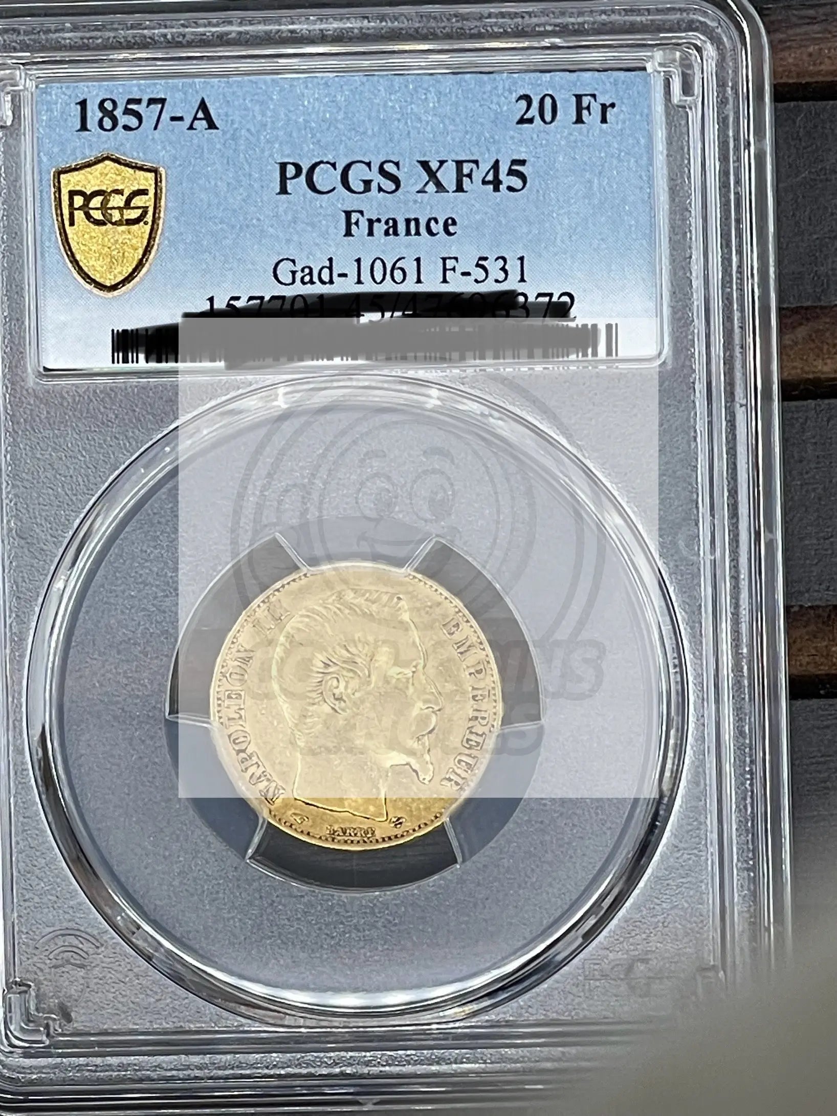 1857 A France 20 Francs gold coin PCGS XF45 grading