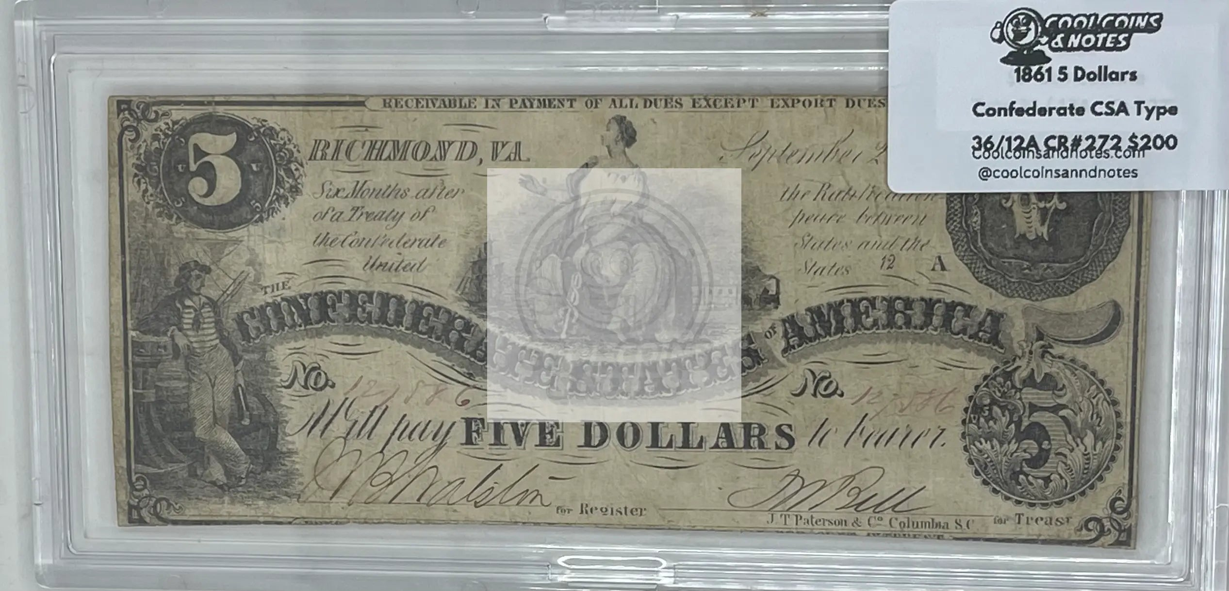 1861 Confederate 5 Dollars banknote from Confederate States of America with intricate design and historical significance
