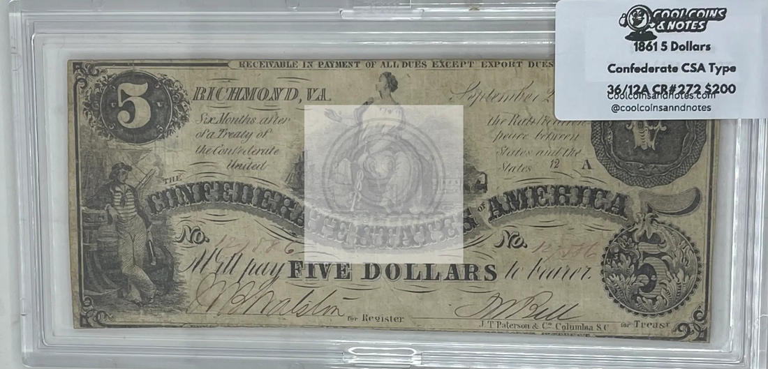 1861 Confederate 5 Dollars banknote from Confederate States of America with intricate design and historical significance