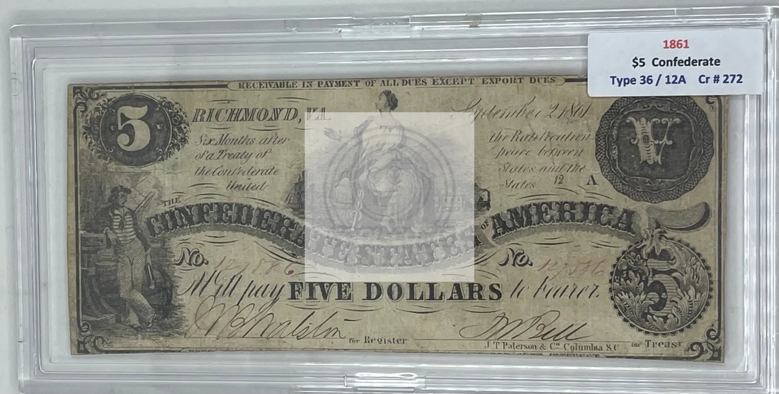 1861 Confederate States of America 5 Dollars banknote Type 36/12A front view with allegorical female vignette