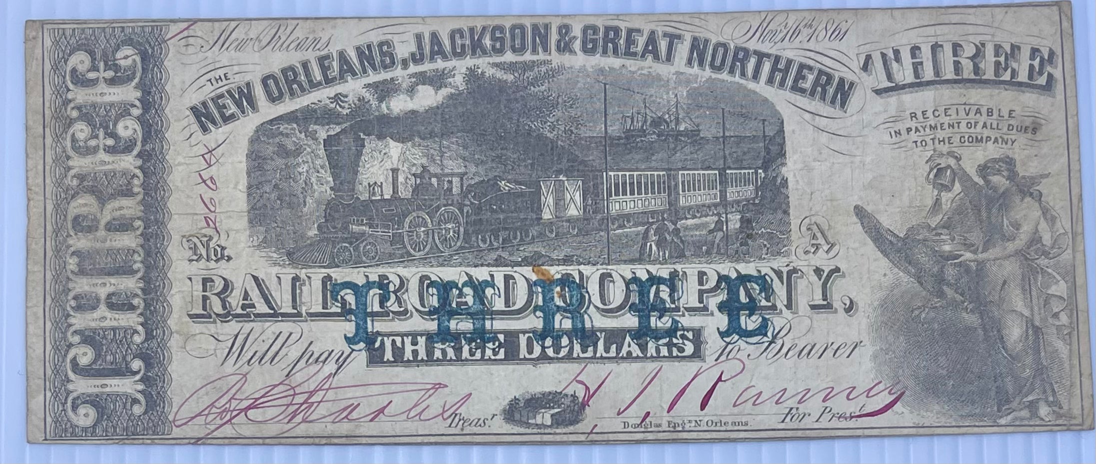 1861 $3 The New Orleans, Jackson & Great Northern Rail Road Company Cool Coins & Notes 
