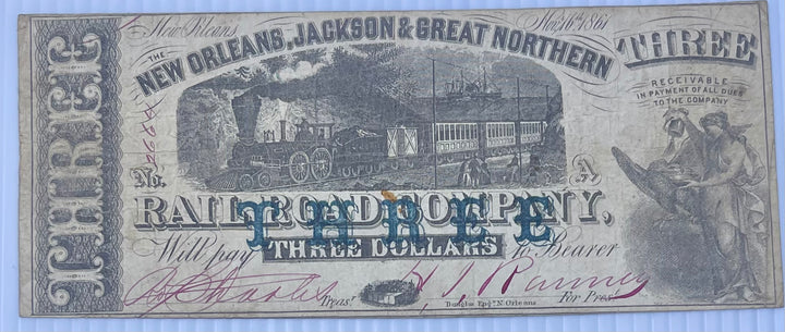 1861 $3 The New Orleans, Jackson & Great Northern Rail Road Company Cool Coins & Notes 