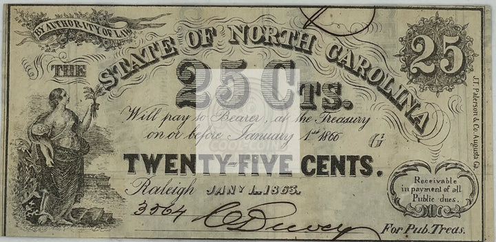 1862 State of South Carolina 25 Cents P-S2357a Banknote - Cool Coins & Notes