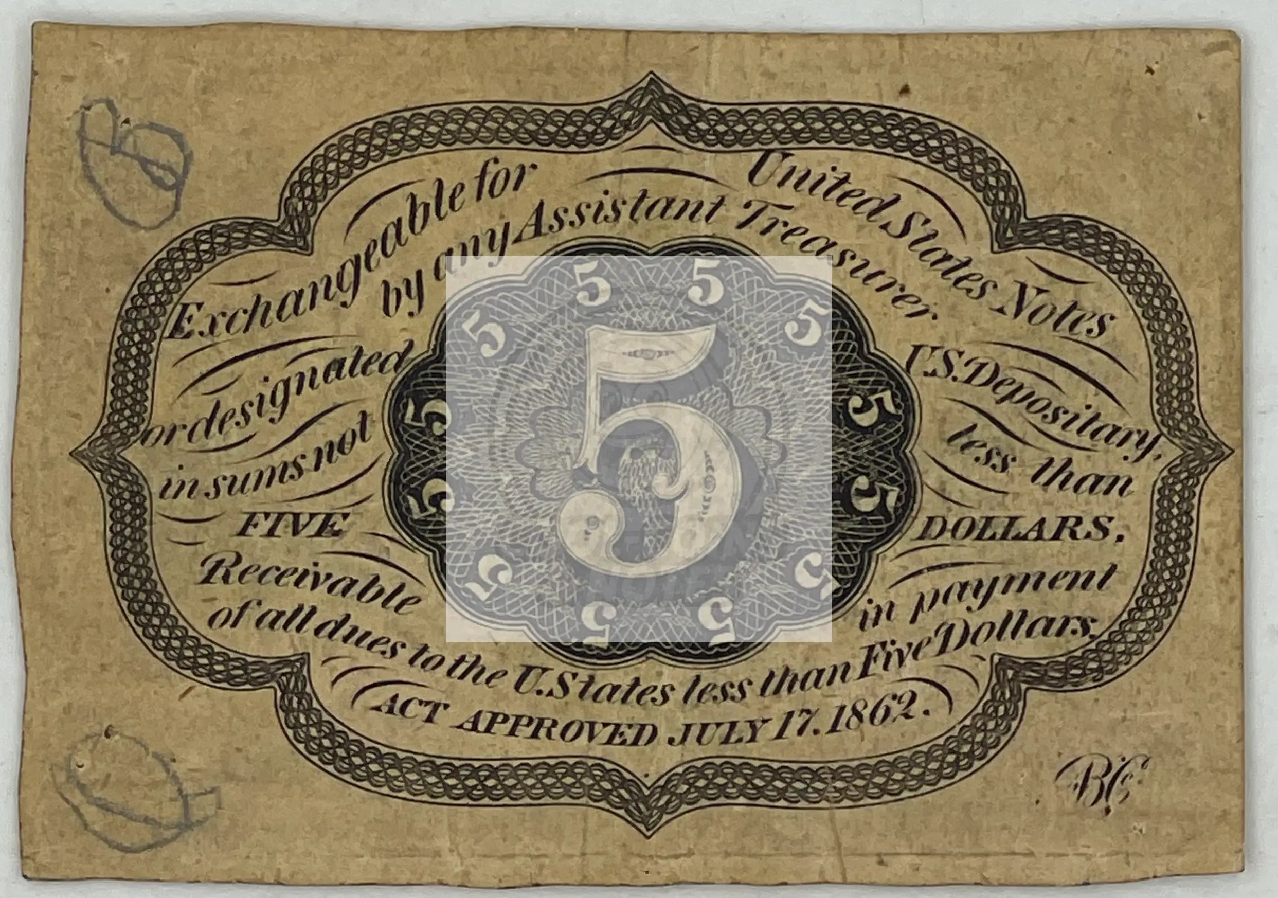1862 USA Fractional Currency 5 cents banknote Fr. #1230 Civil War era collectible