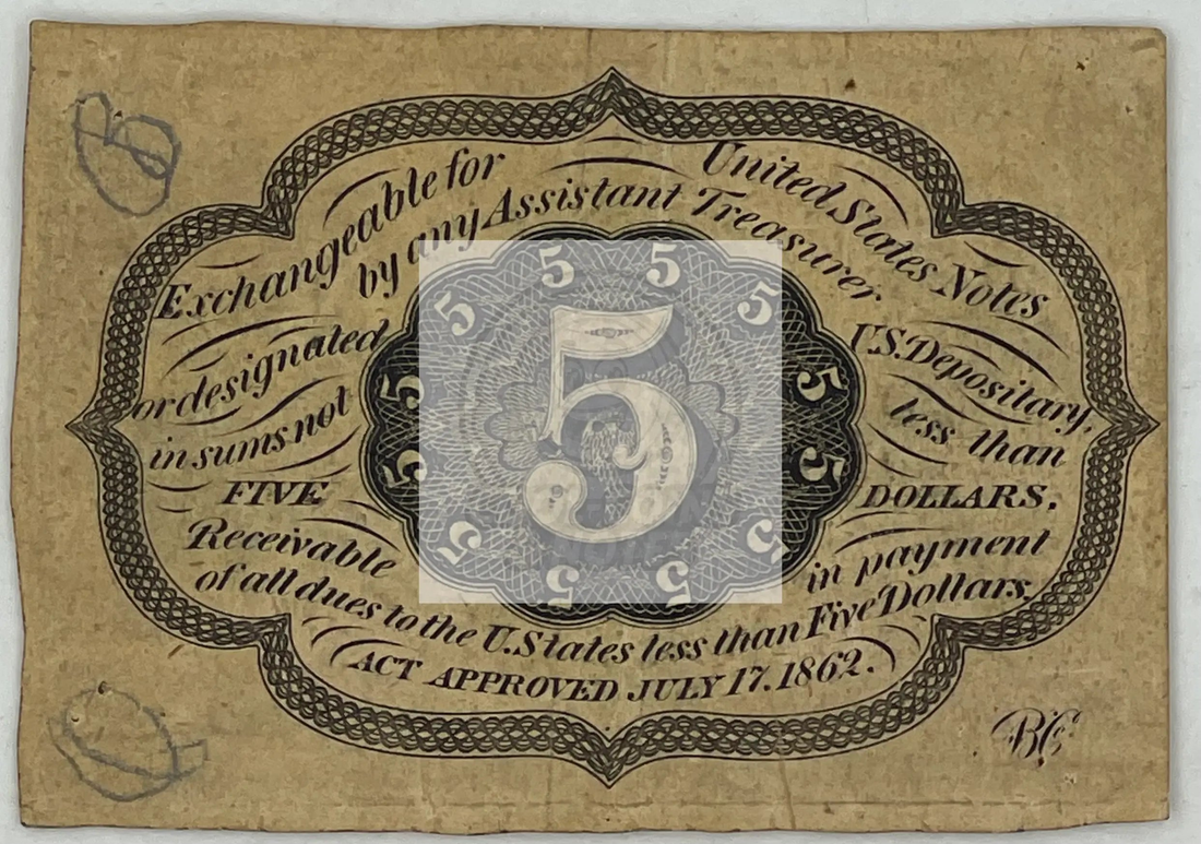 1862 USA Fractional Currency 5 cents banknote Fr. #1230 Civil War era collectible