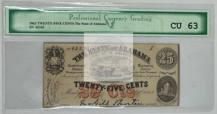 1863 25 Cents State of Alabama SN 42242 CU 63 PCG Banknote - Cool Coins & Notes