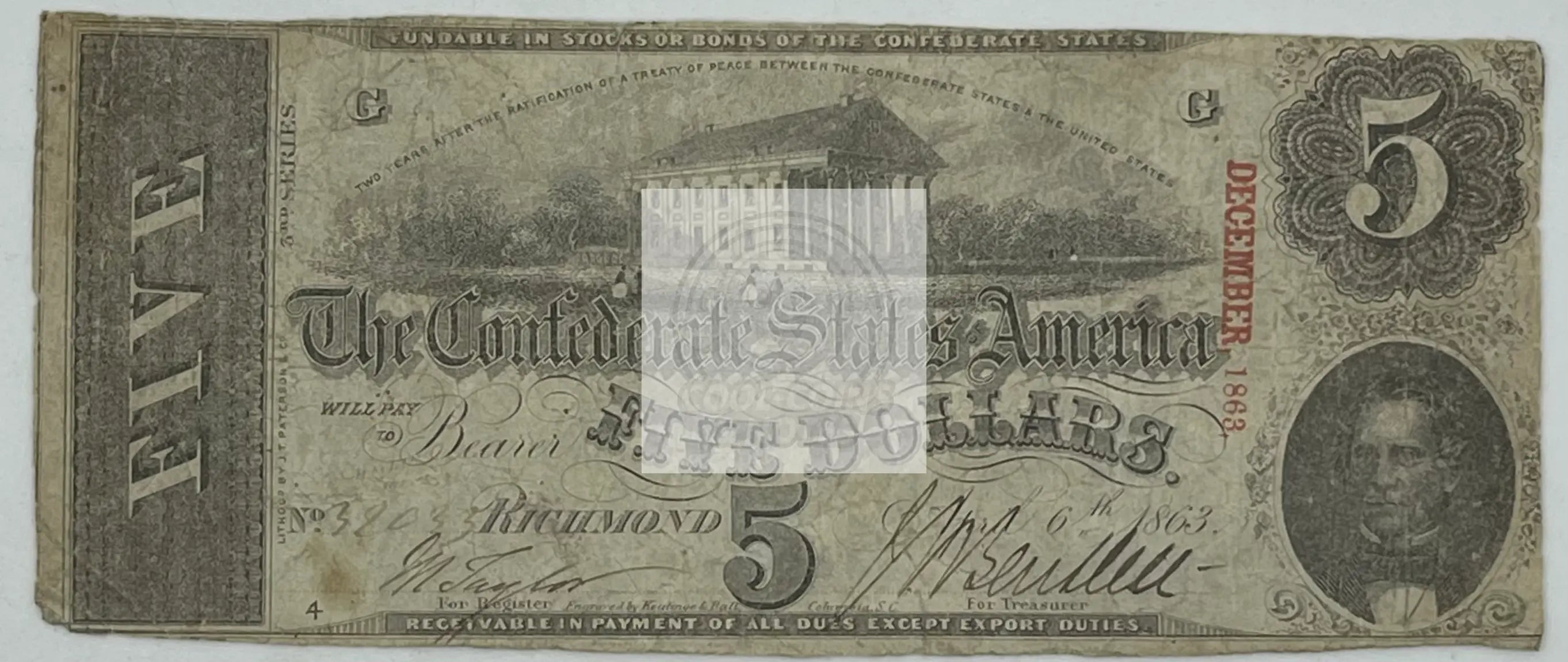 1863 Confederate States of America 5 Dollars - Cool Coins & Notes