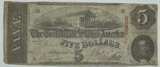 1863 Confederate States of America 5 Dollars