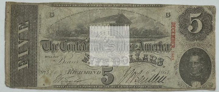 1863 Confederate States of America 5 Dollars - Cool Coins & Notes