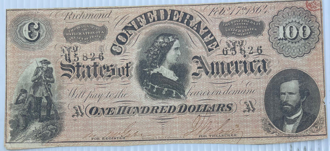 1864 100 Dollar Confederate Type 65 CR # 494 Used World Banknote - Cool Coins & Notes