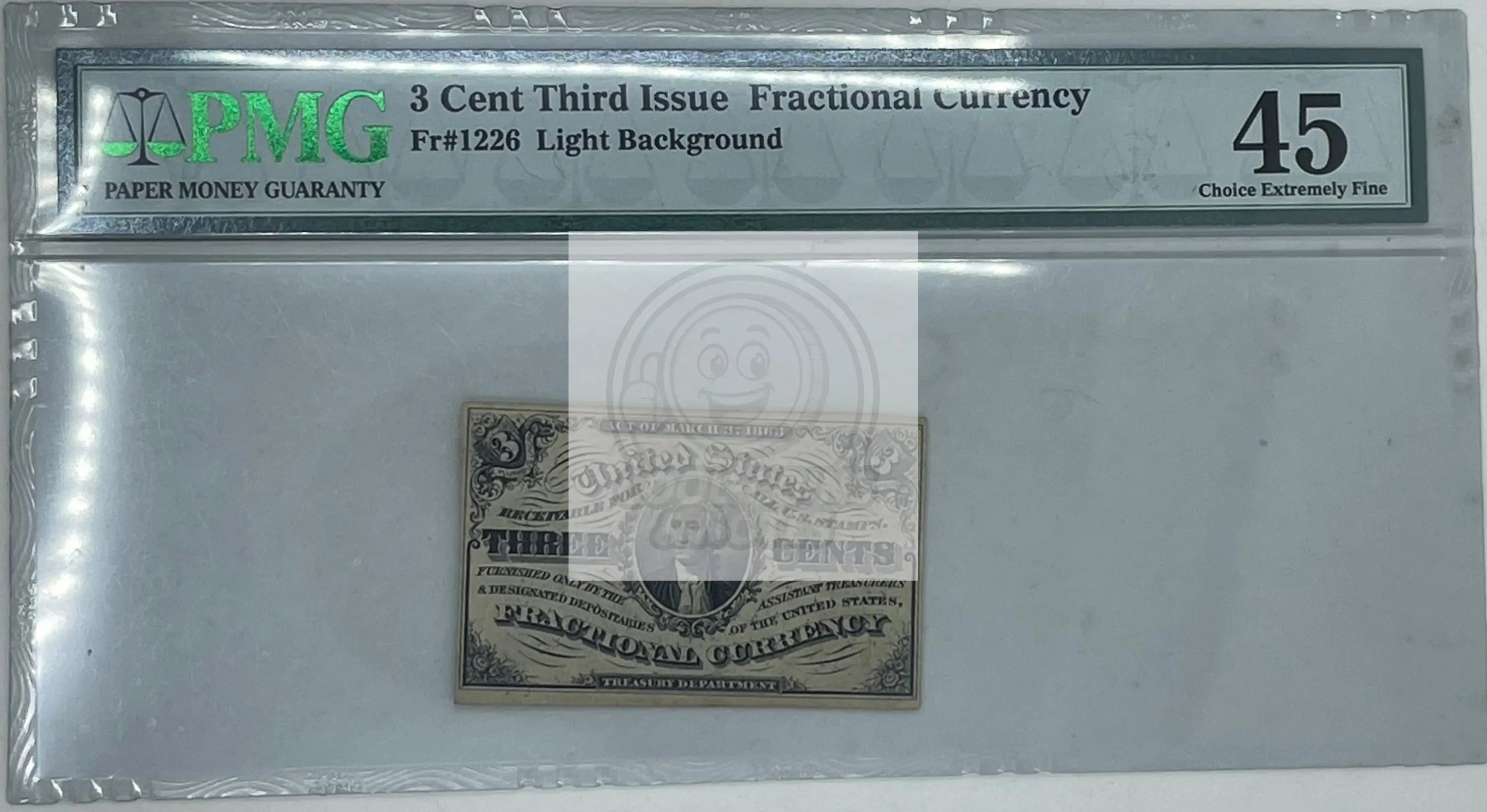 1864-1869 3 Cent Third Issue Fractional Currency note graded PMG 45 with George Washington portrait