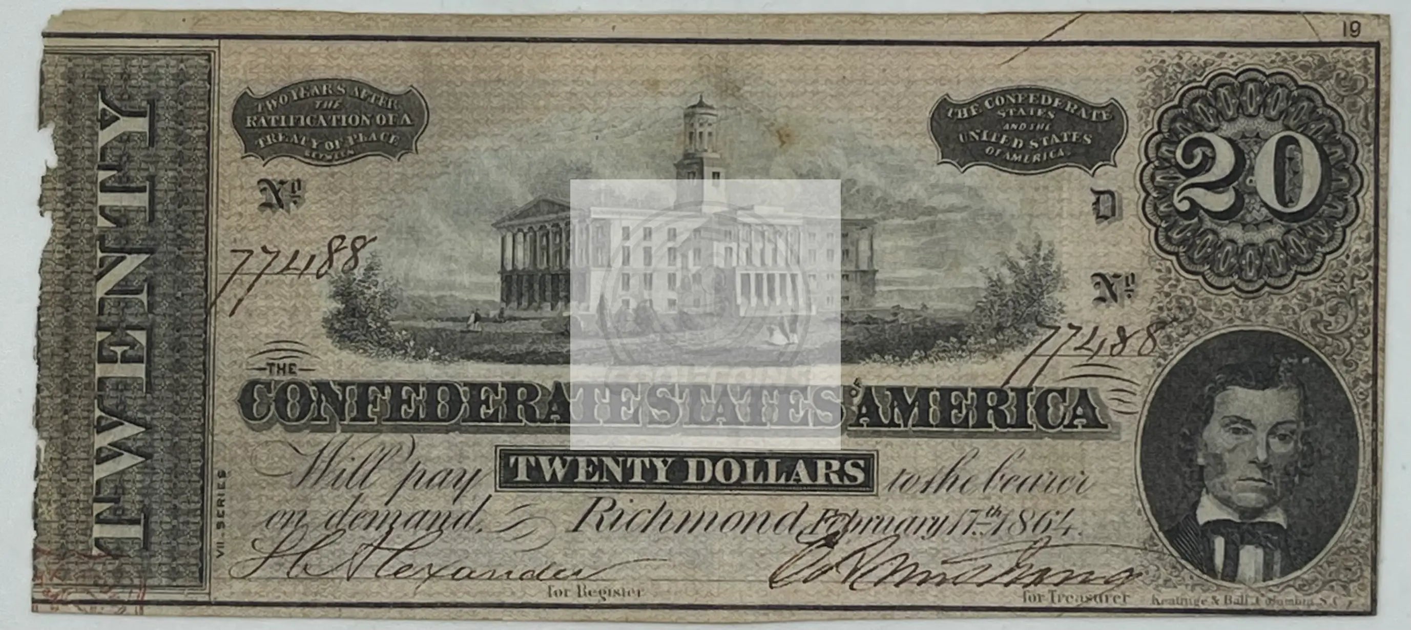 1864 Confederate States of America 20 Dollars P-69, Used Banknote - Cool Coins & Notes