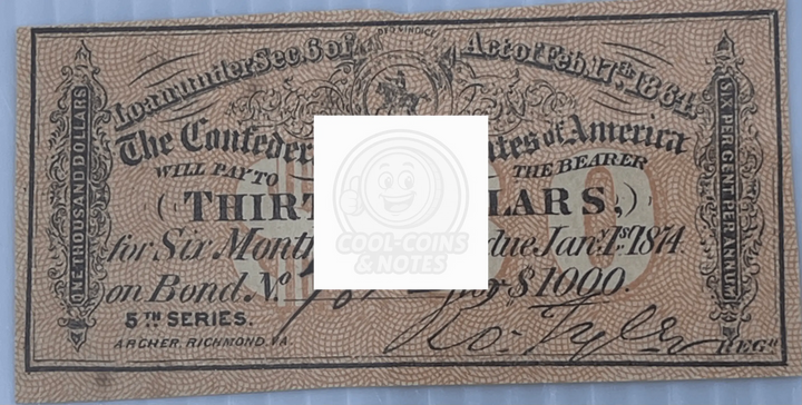 1864 Confederate States of America $30 Railroad Coupon Bank Note