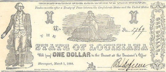 1864- “Washington” $1 State of Louisiana Shreveport Cr. # 16