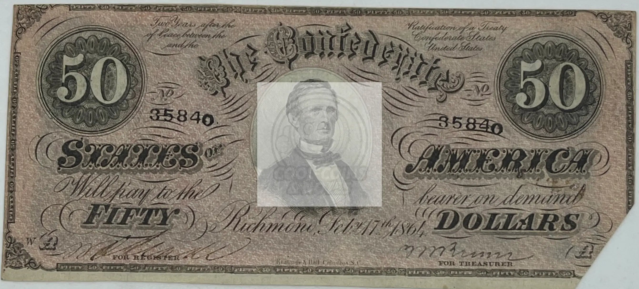 1865 Confederate States of America 50 Dollars P-70 AU, Banknote - Cool Coins & Notes