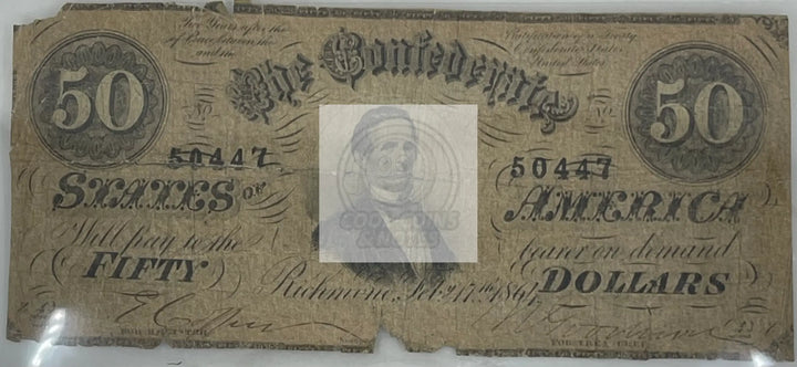 1865 Confederate States of America CSA 50 Dollars P-70, Used Banknote - Cool Coins & Notes