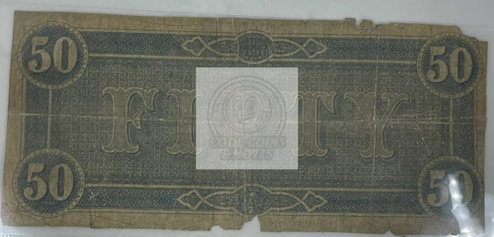 1865 Confederate States of America CSA 50 Dollars P-70, Used Banknote - Cool Coins & Notes