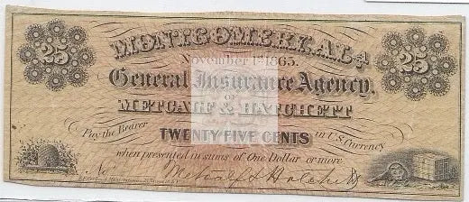 1865 RARE AU 25 Cent Metcalf & Hatchett Montgomery AL banknote front view
