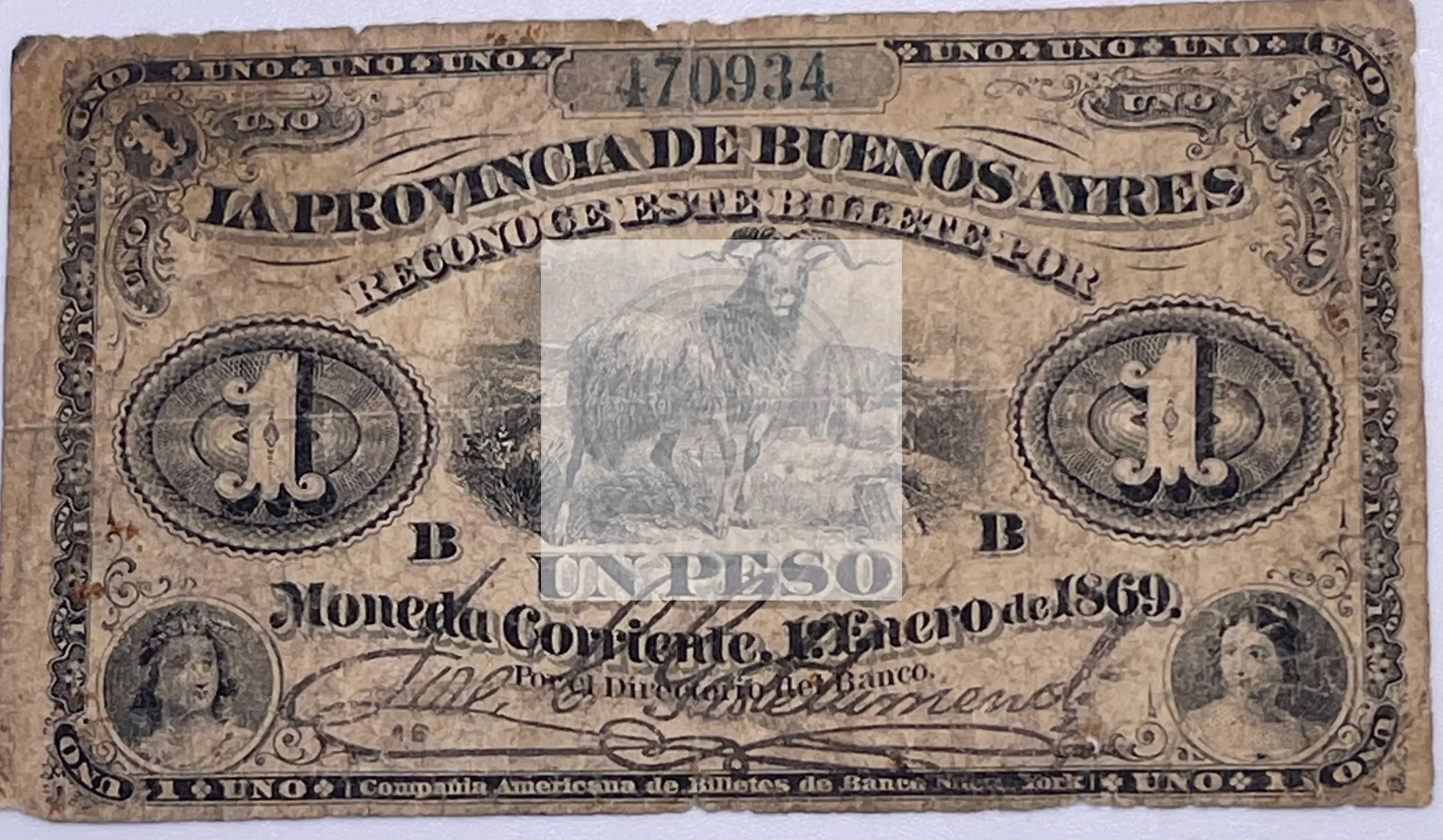 1869 1 Peso Buenos Aires Argentina banknote featuring Mercury and allegorical Argentina design