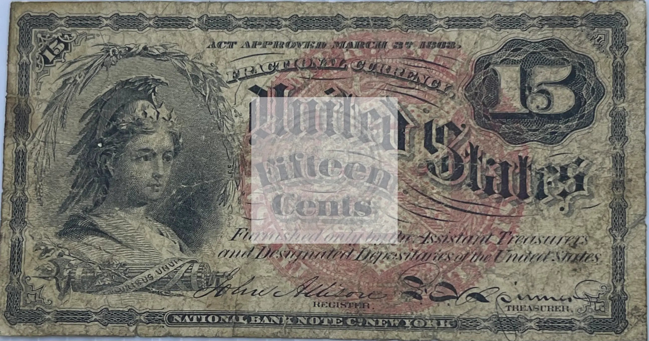 1869 15 cent US fractional currency note 4th issue Fr# 1267 detailed design and historical banknote