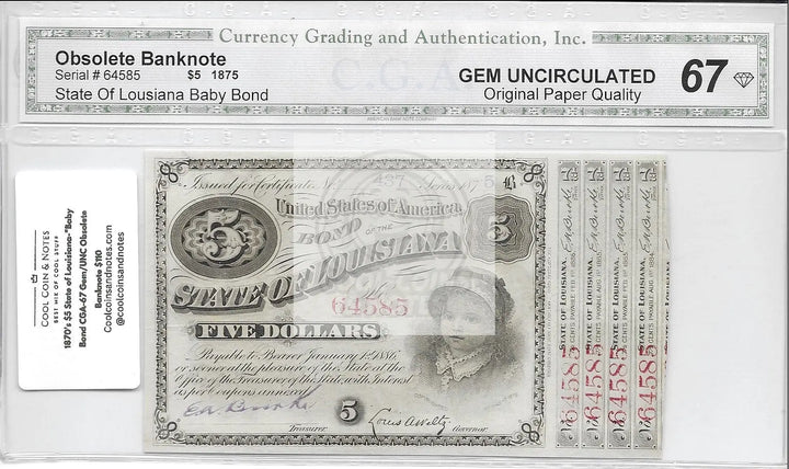 1870’s $5 State of Louisiana-"Baby Bond CGA-67 Gem/UNC Obsolete Banknote - Cool Coins & Notes
