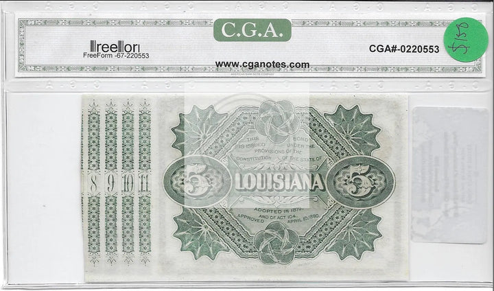 1870’s $5 State of Louisiana-"Baby Bond CGA-67 Gem/UNC Obsolete Banknote - Cool Coins & Notes