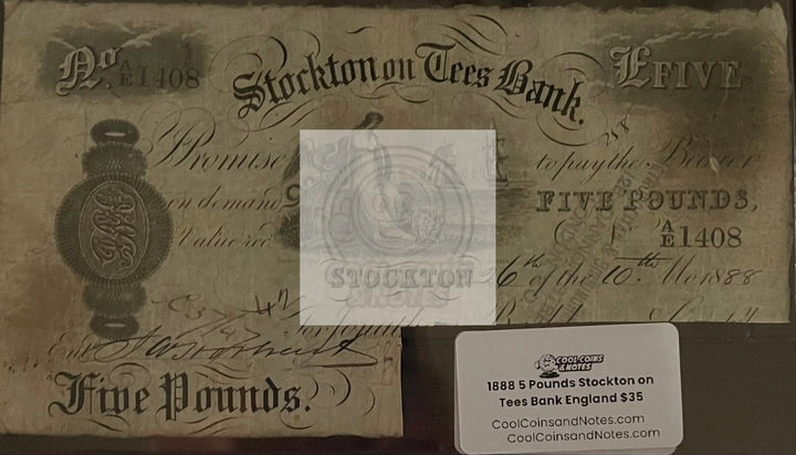 1888 Stockton Tees Bank England 5 Pounds Circulated Banknote Cool Coins & Notes 