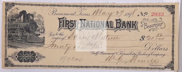 1898 First National Bank Beaumont Texas Check Note Railroad Banknote - Cool Coins & Notes