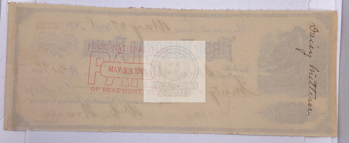 1898 First National Bank Beaumont Texas Check Note Railroad Banknote - Cool Coins & Notes