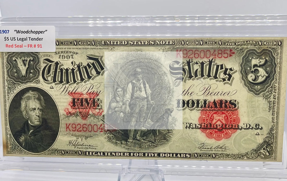 1907 WOOD CHOPPER E $5.00 LEGAL TENDER US RED SEAL NOTE SM108 - Cool Coins & Notes