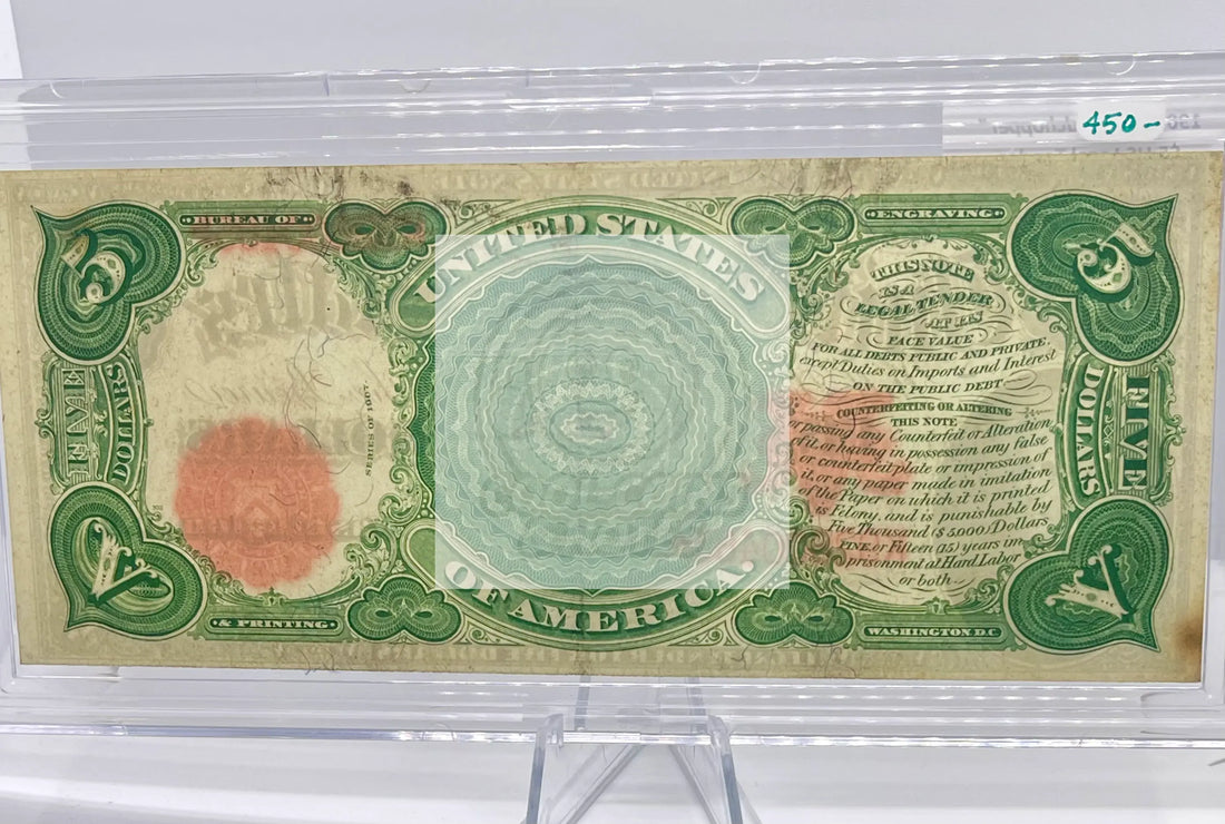1907 WOOD CHOPPER E $5.00 LEGAL TENDER US RED SEAL NOTE SM108 - Cool Coins & Notes