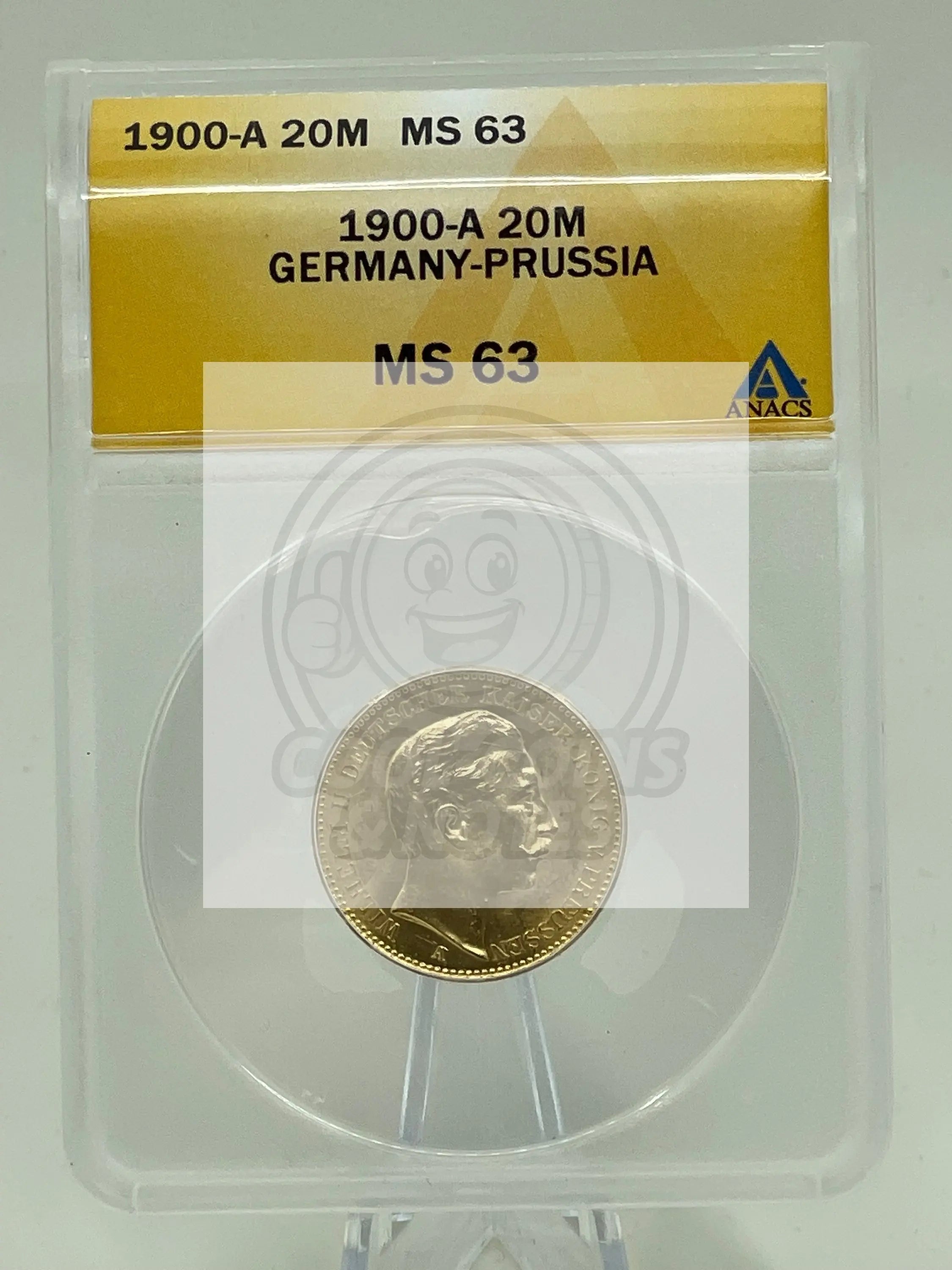 1908-A Germany 20 Mark Gold Coin – Kaiser Wilhelm II, Berlin Mint ANACS MS63 - Cool Coins & Notes