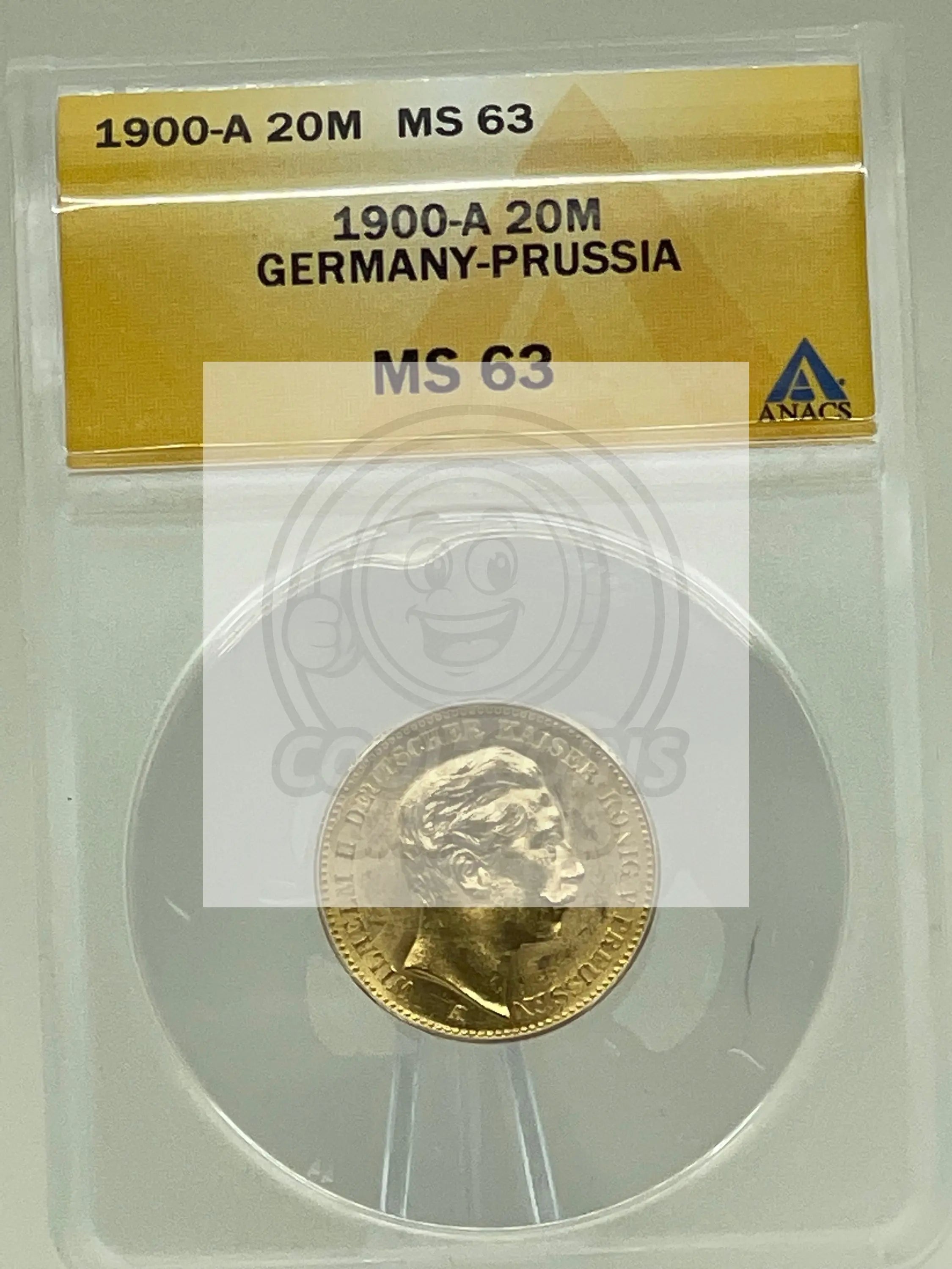 1908-A Germany 20 Mark Gold Coin – Kaiser Wilhelm II, Berlin Mint ANACS MS63 - Cool Coins & Notes