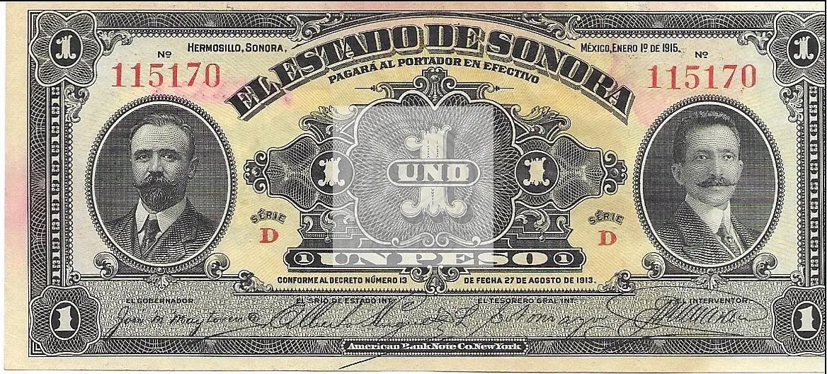 1913 Mexico 1 Peso Sonora S1071 UNC banknote from Mexican Revolution era