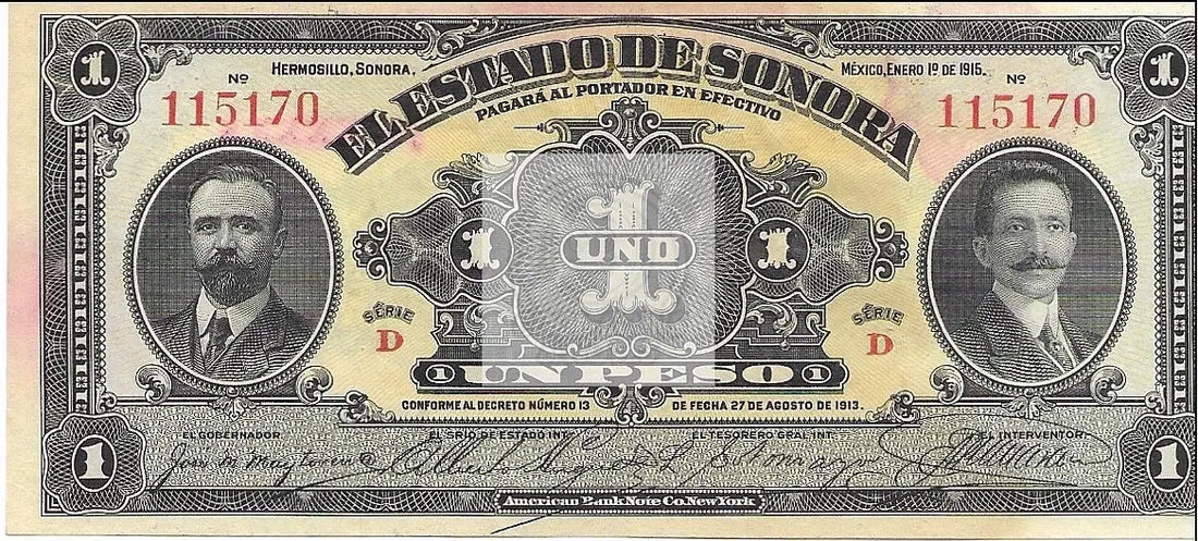 1913 Mexico 1 Peso Sonora S1071 UNC Banknote - Cool Coins & Notes