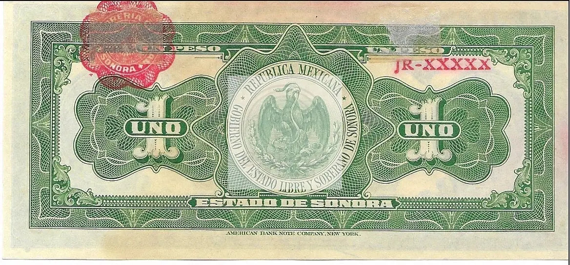 1913 Mexico 1 Peso Sonora S1071 uncirculated historical banknote from Mexican Revolution era